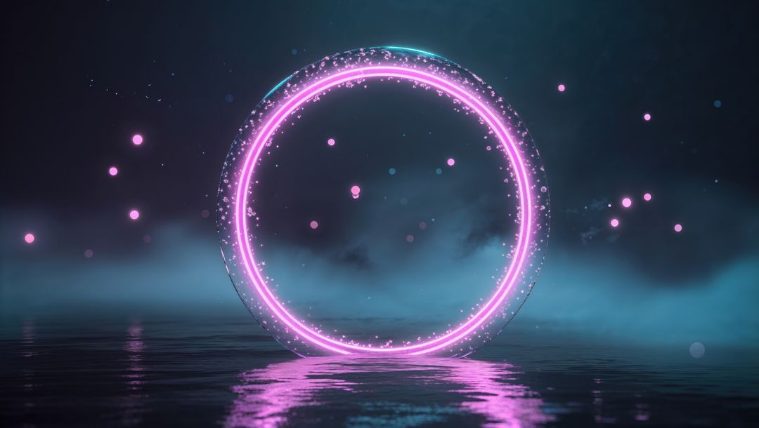 Futuristic Neon Ring Floating on Misty Water against Night Sky