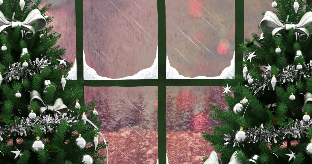 Festive Christmas Window with Decorated Tree and Icy Landscape