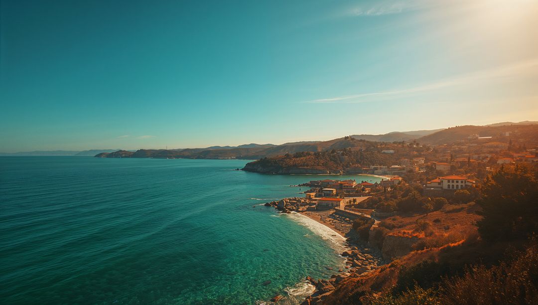 Golden Hour Illuminating Seaside Village with Calm Cove