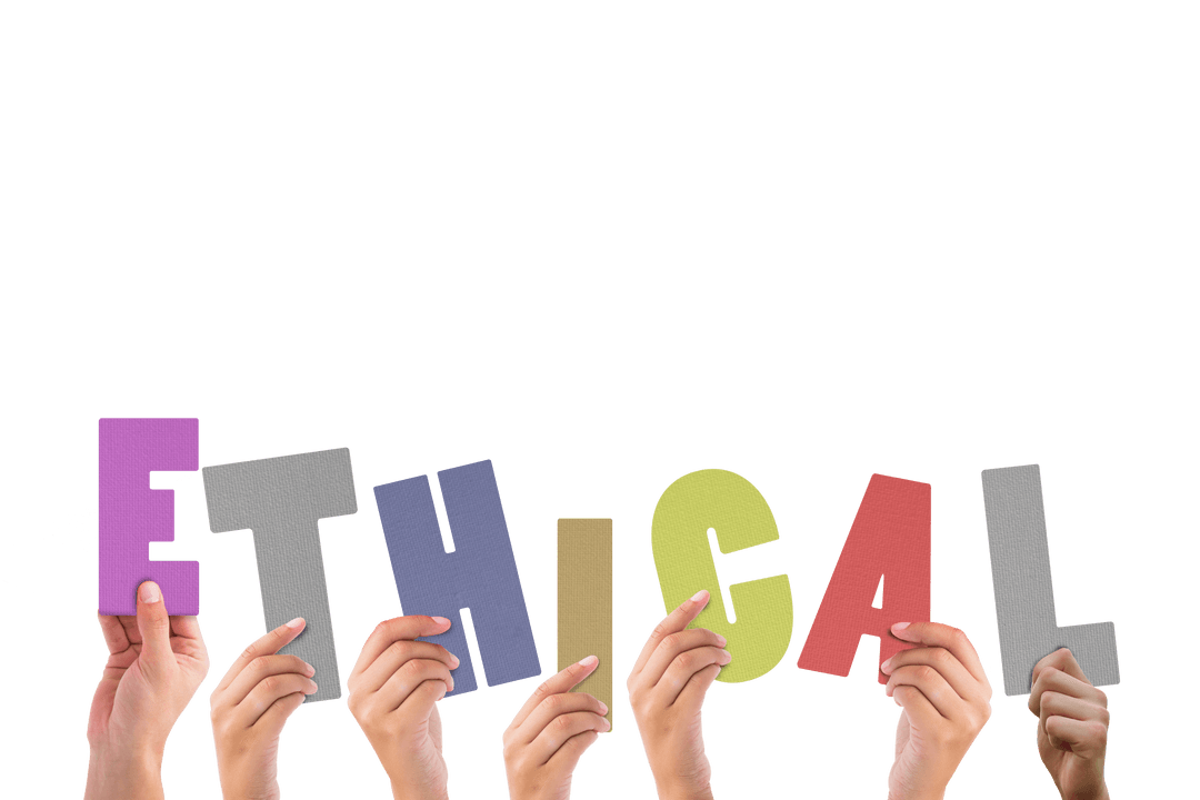 Hands Holding Ethical Text on Transparent Background