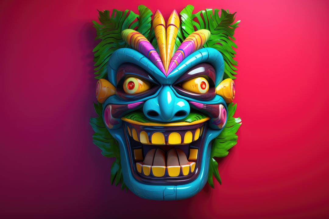Colourful tiki mask with leaves on red background, created using generative ai technology - Free Images, Stock Photos and Pictures on Pikwizard.com