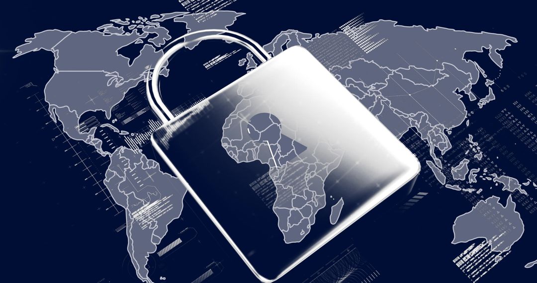 Global Digital Security Concept with World Map and Padlock Overlay