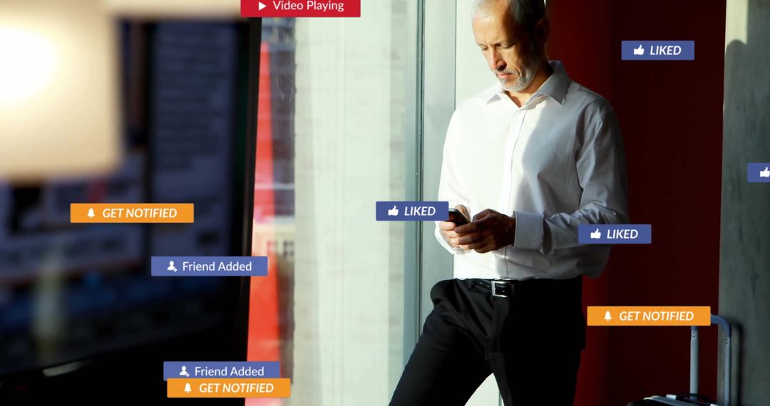 Traveling Professional Checking Smartphone Notifications by Window