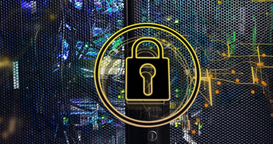 Glowing Padlock on Server Rack for Cybersecurity and Information Protection