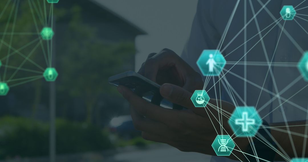 Digital Interface Overlay with Media Icons on Smartphone