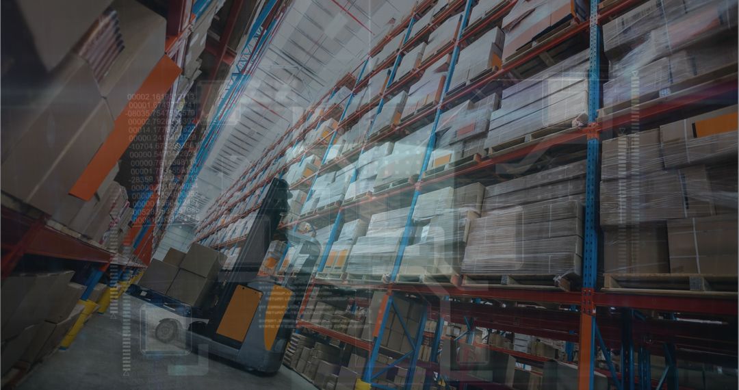 Forklift Organizing Warehouse Inventory on Tall Shelves