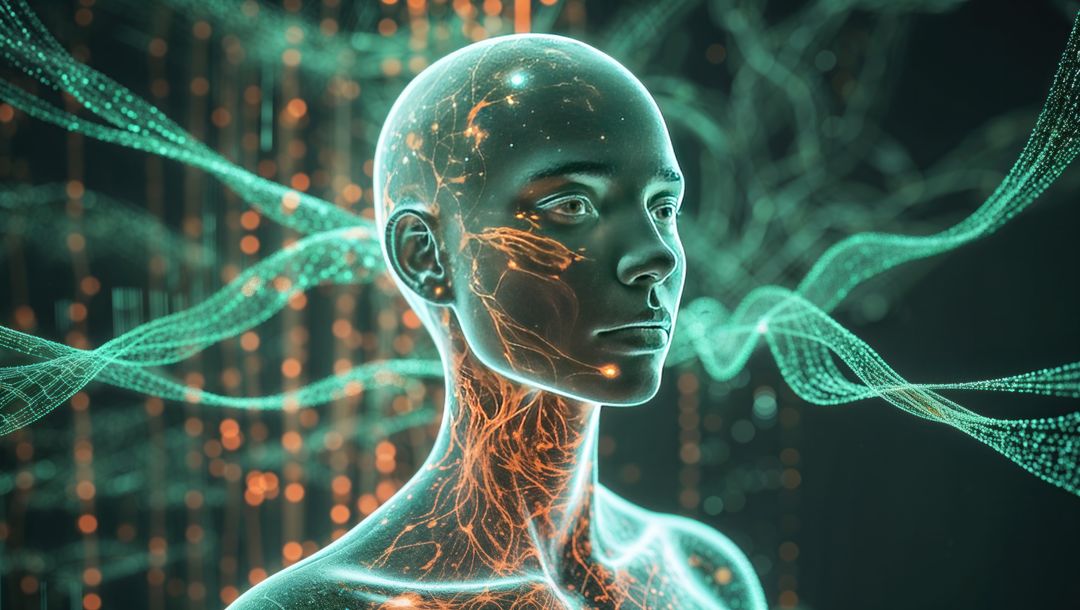 Synthetic Human Illustration in Vibrant Digital Ethereal Network