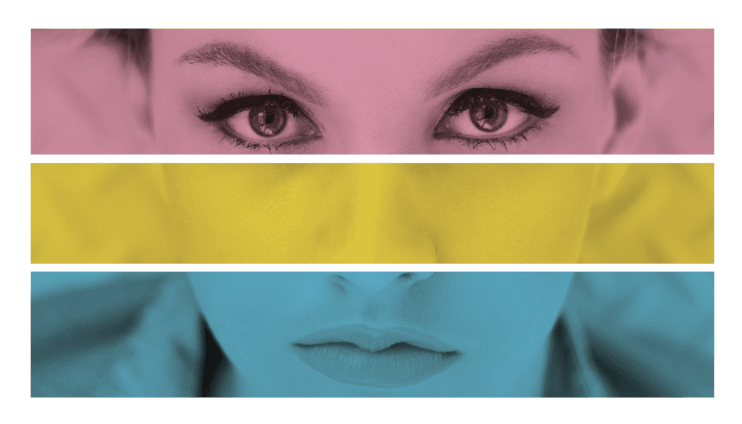 Colorful Transparent Montage of Serious Woman's Face in Pink Yellow Blue