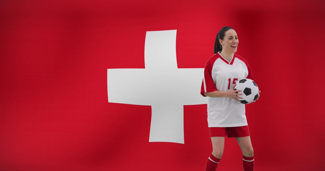 Female Soccer Player Smiling with Ball against Switzerland Flag - Free Images, Stock Photos and Pictures on Pikwizard.com