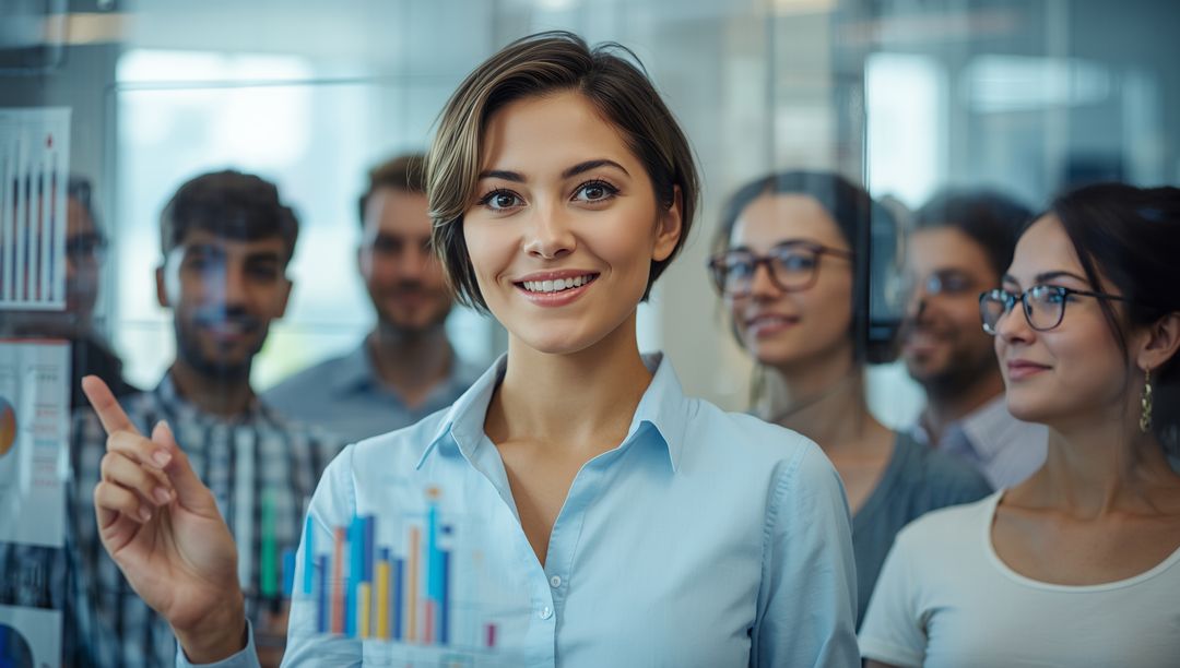 Leader Illustrating Success with Analytics on Glass Panel in Meeting