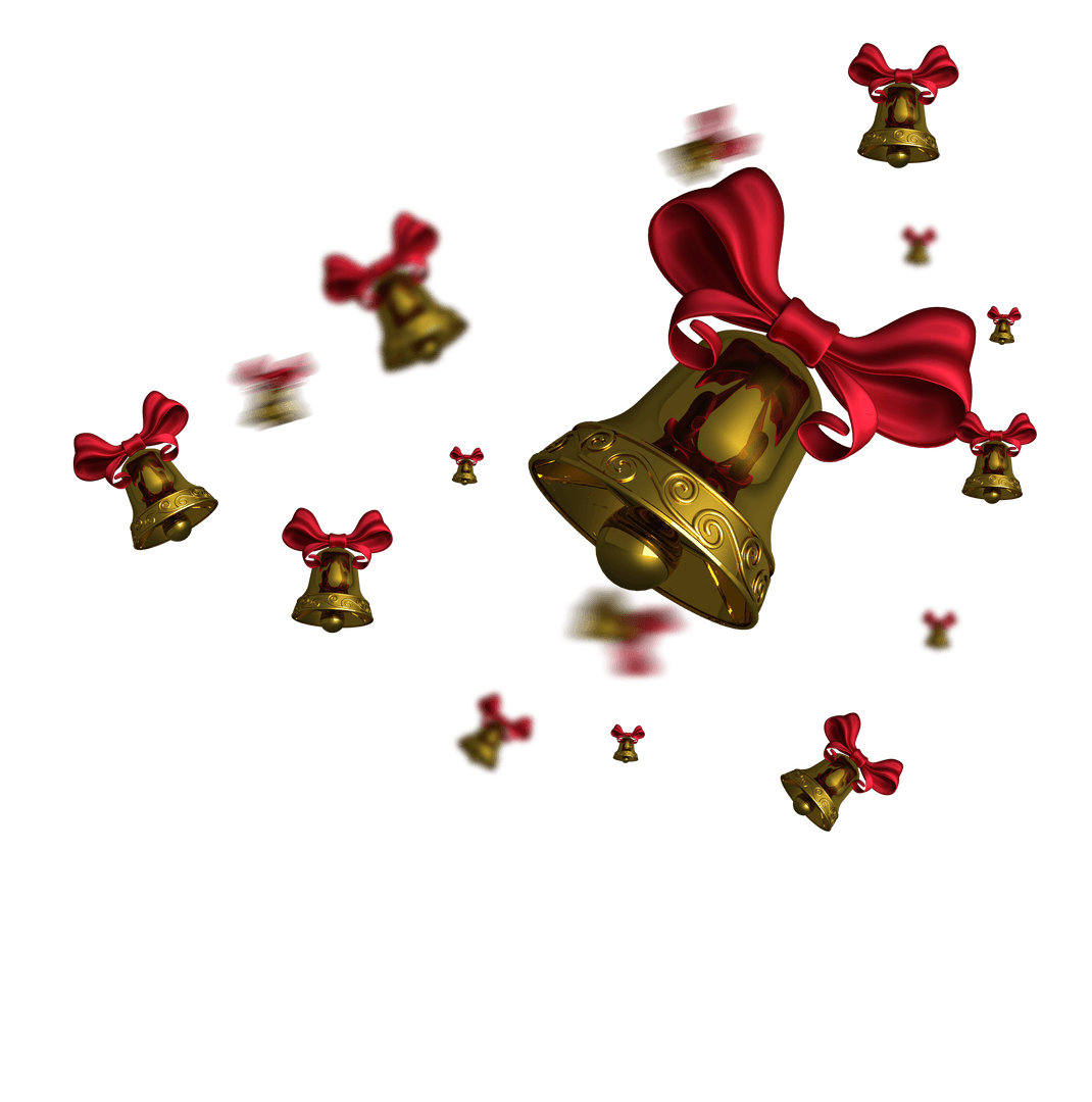 Gold Christmas Bells with Red Bows on Transparent Background