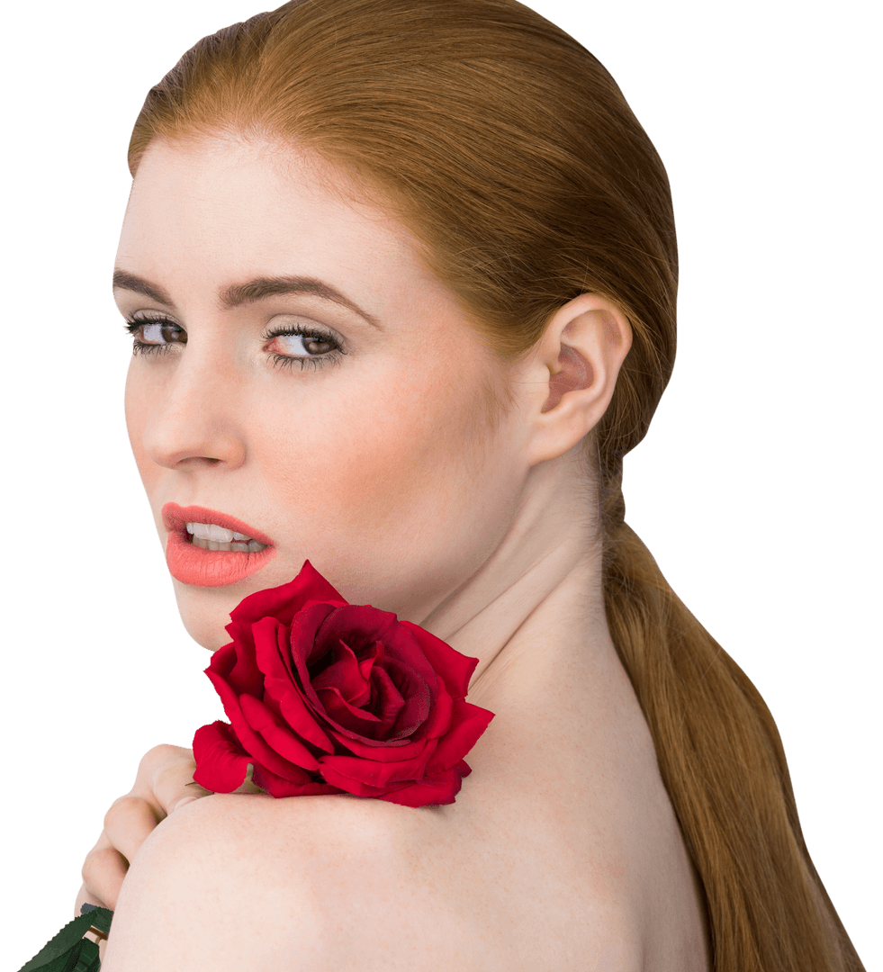 Redheaded Woman Posing with Red Rose on Transparent Background