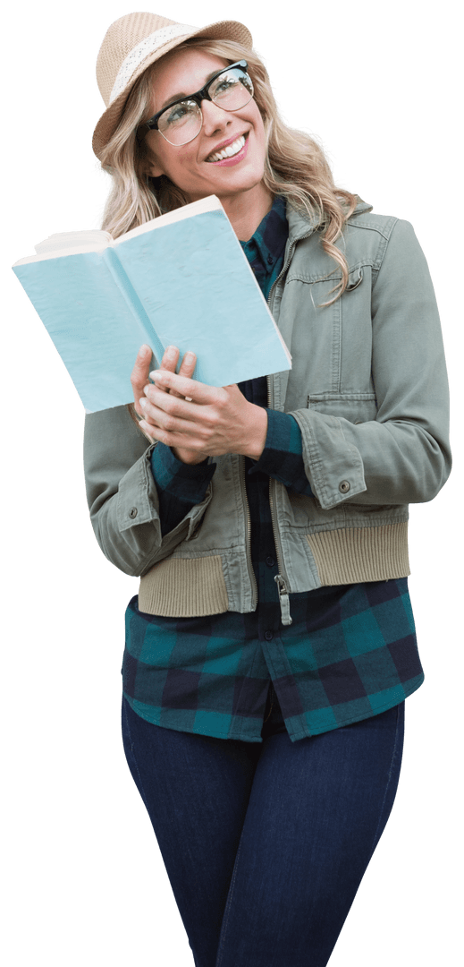 Caucasian Woman Reading Book Smiling on Transparent Background