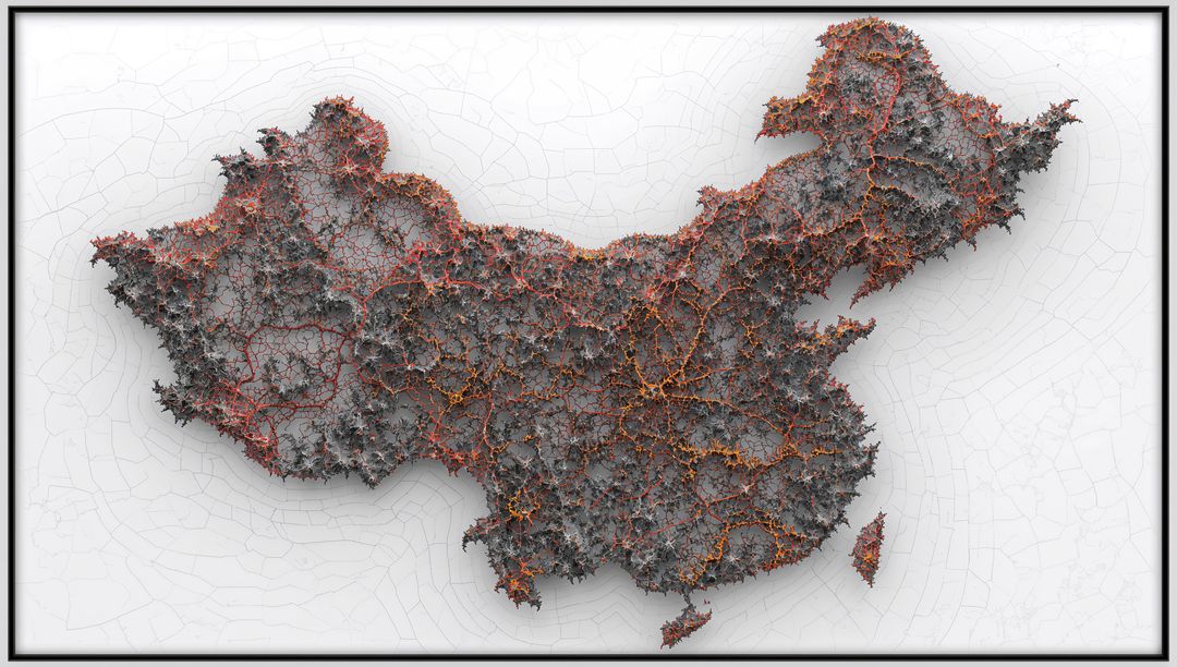 Fractal Map Art with Red and Yellow Veins