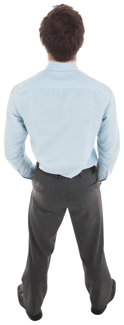 Transparent Businessman Standing Rear View Hands in Pockets