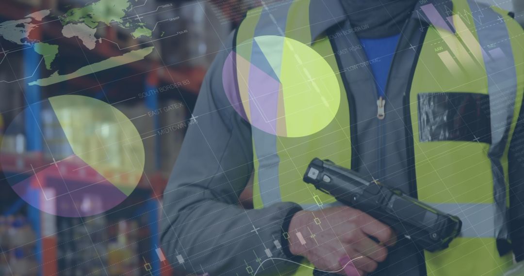 Warehouse Worker Holding Scanner with Digital Financial Data Overlay