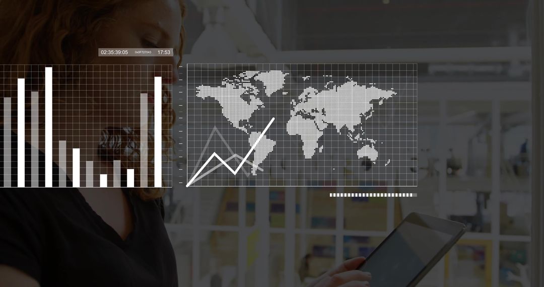 Analyzing global business data on tablet with world map and transparent analytics overlays