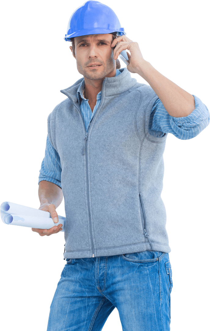 Construction Worker Communicating on Telephone with Plans on Transparent