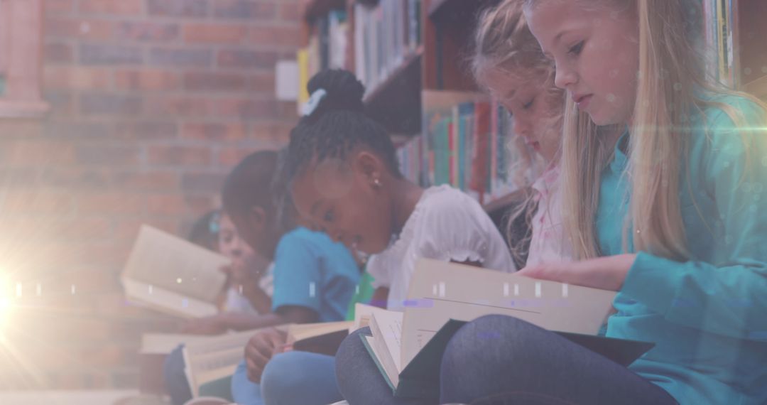 Diverse Children Reading Together in Cozy Library Setting