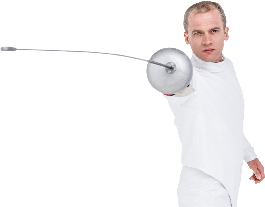 Fencer in White Uniform Posing with Rapier on Transparent Background - Download Free Stock Images Pikwizard.com