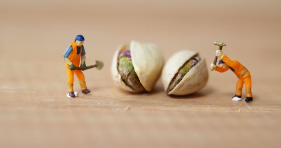 Miniature Workers Cracking Pistachio Nuts - Free Images, Stock Photos and Pictures on Pikwizard.com