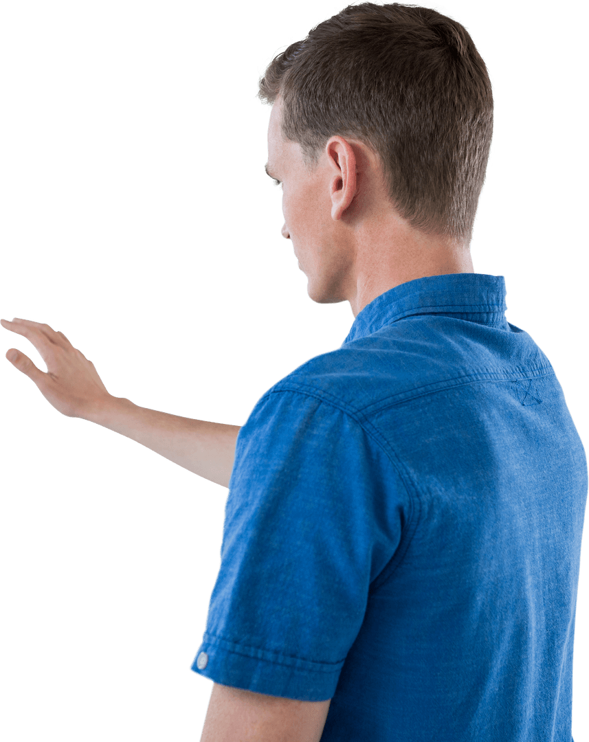 Male with Blue Shirt Interacting With Transparent Virtual Screen