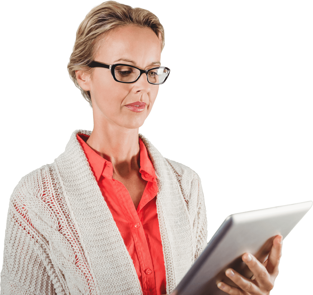Mature Businesswoman Reading Tablet on Transparent Background