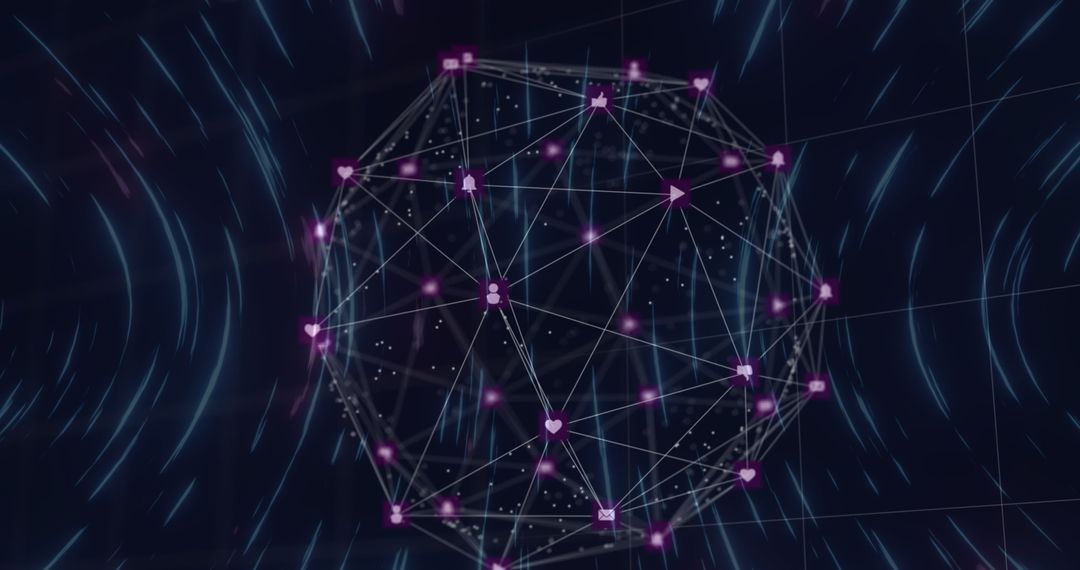 Digital Network Sphere with Light Trails on Dark Background