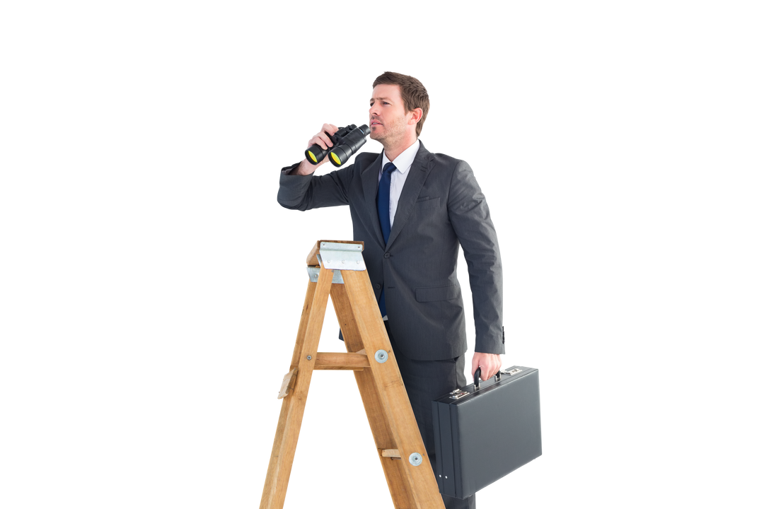 Transparent Image of Businessman Standing on Ladder with Briefcase and Binoculars - Download Free Stock Images Pikwizard.com