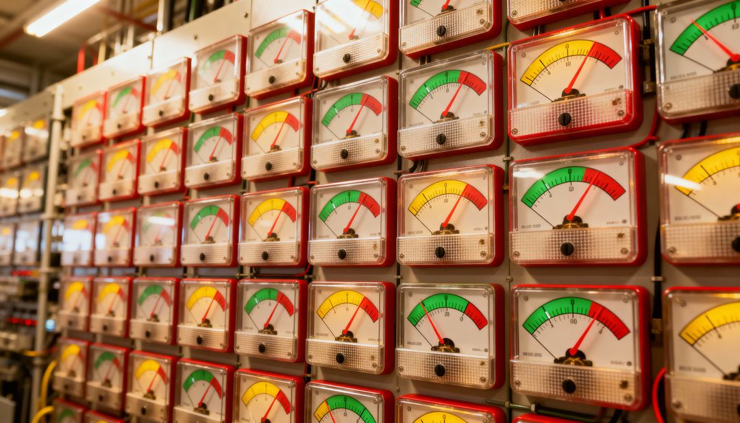Displaying Grid of Analog Panel Meters Indicating Power Readings on Industrial Control Rack