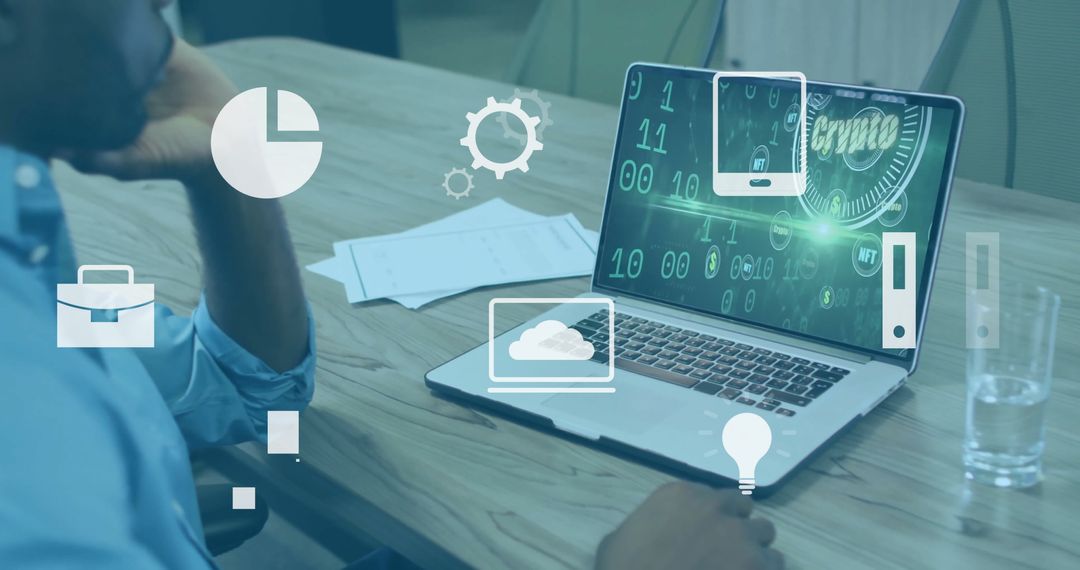 Professional Analyzing Cryptocurrency Data on Laptop Screen at Modern Office