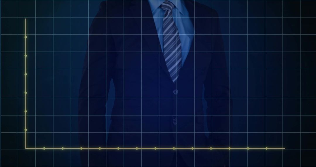 Standing Executive in Dark Suit Behind Neon Data Grid with Glowing Finance Axes