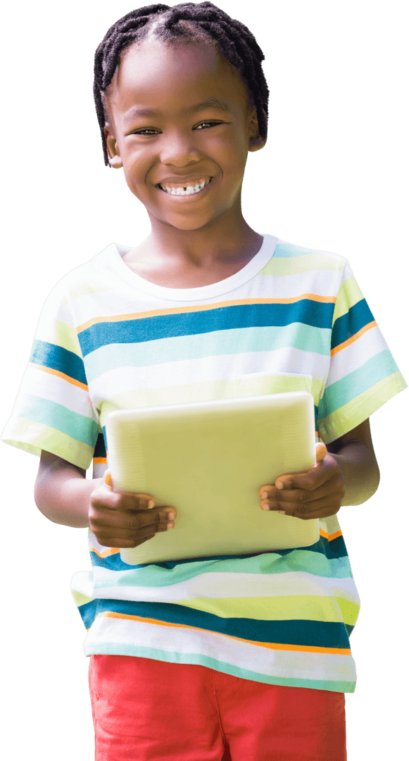 Smiling Boy Holding Tablet with Horizontal Striped Shirt in Transparent Background