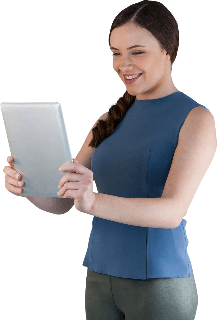 Happy Woman Holding Tablet for Transparent Background Projects