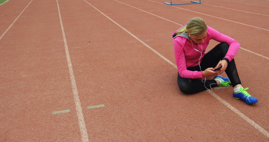 Woman Sitting on Running Track Tuning Media Player and Wearing Sportswear - Free Images, Stock Photos and Pictures on Pikwizard.com