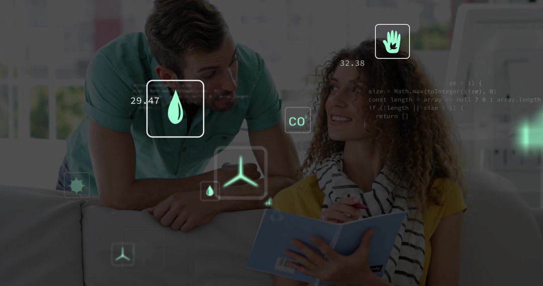 Couple Analyzing Smart Technology Data with Digital Overlays