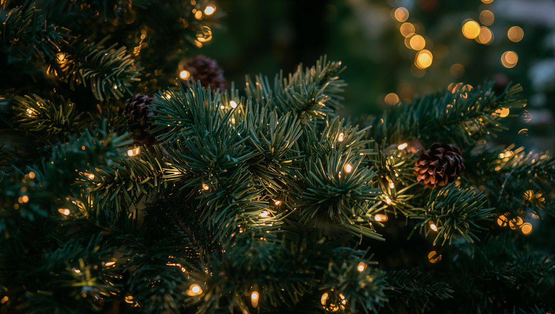 Glowing Pine Branches with Warm Fairy Lights and Pine Cones at Dusk