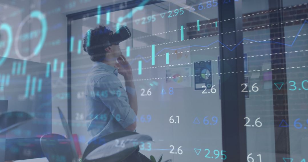 Businessman Analyzing Virtual Financial Data with VR Headset