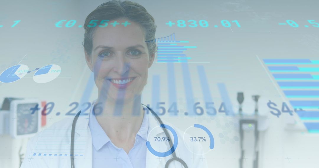 Smiling Female Doctor with Graphs Overlay Symbolizing Data and Healthcare