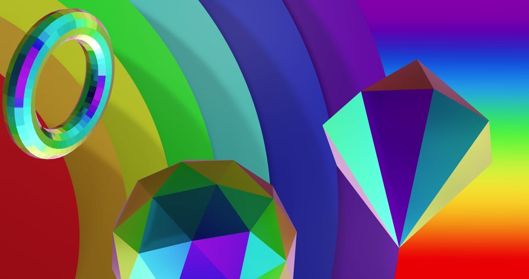 Vibrant 3d geometric shapes on rainbow background