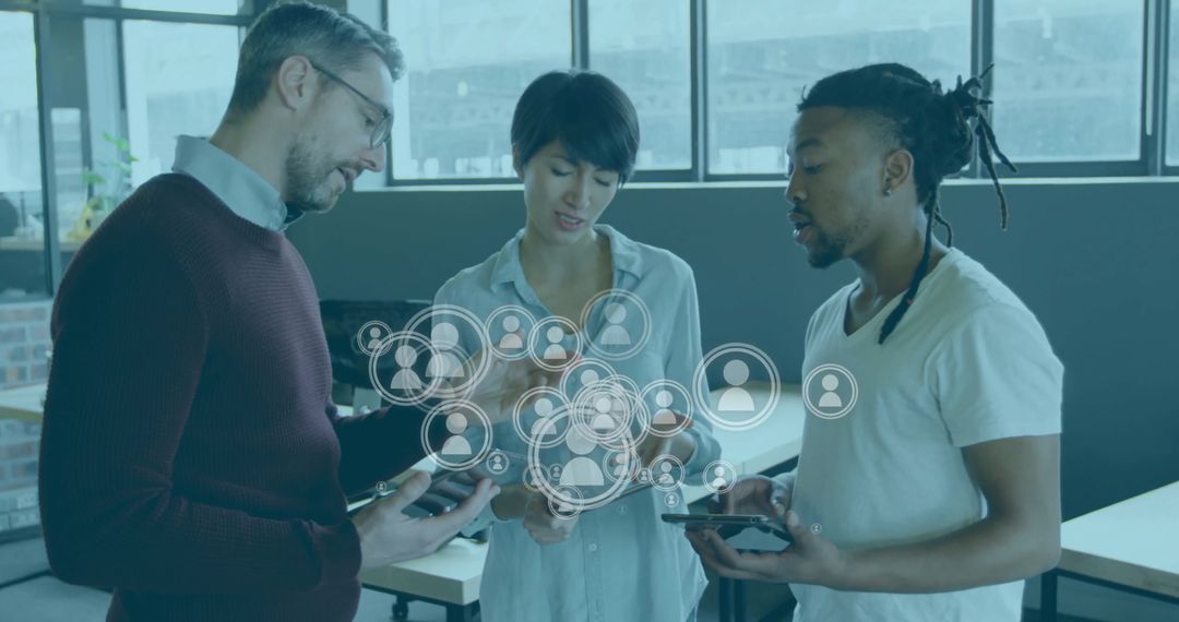 Diverse Professionals Discussing Data with Digital Overlay in Modern Office