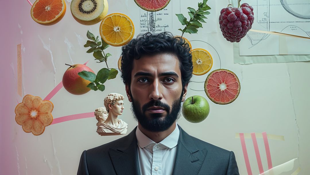 Surreal Portrait of Man in Suit with Fruit and Bust