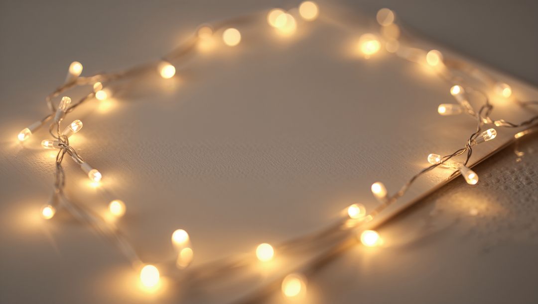 Warm fairy lights forming soft glowing frame around blank card with bokeh and cozy twinkle