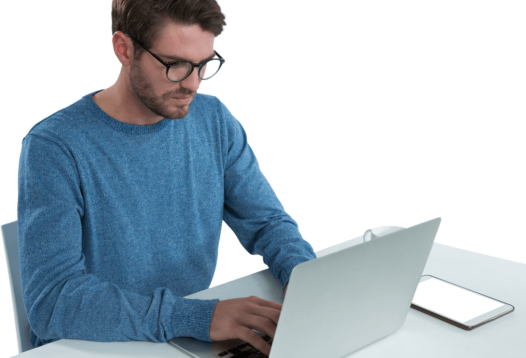 Professional Man Typing on Laptop in Transparent Background