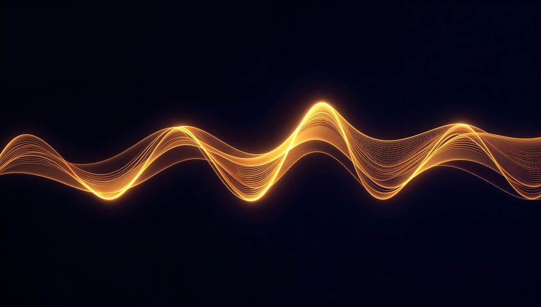 Glowing Golden Waveform Ribbon Flowing Across Deep Navy Void with Dotted Particle Trails