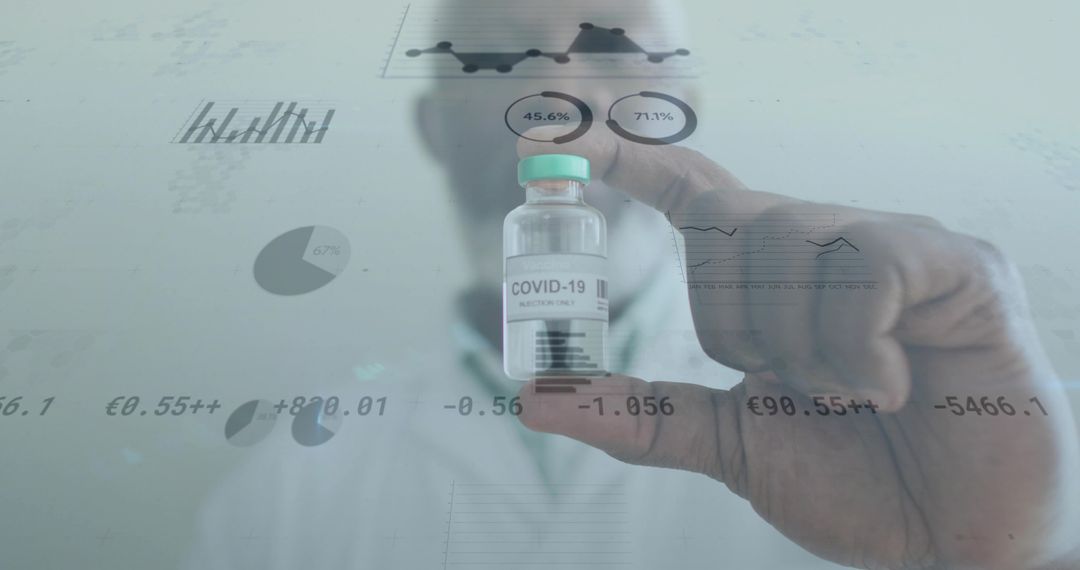 Scientist holding COVID-19 vaccine vial with data overlay charts for research analytics