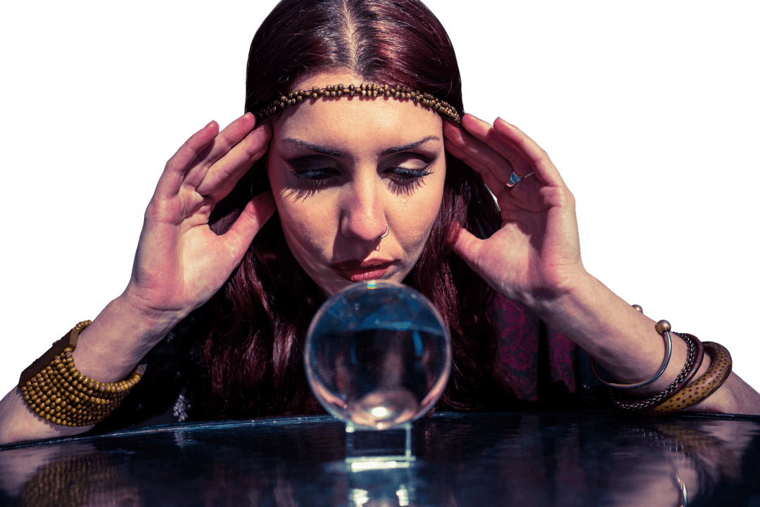 Mystic Woman Gazing into Transparent Crystal Ball at Desk
