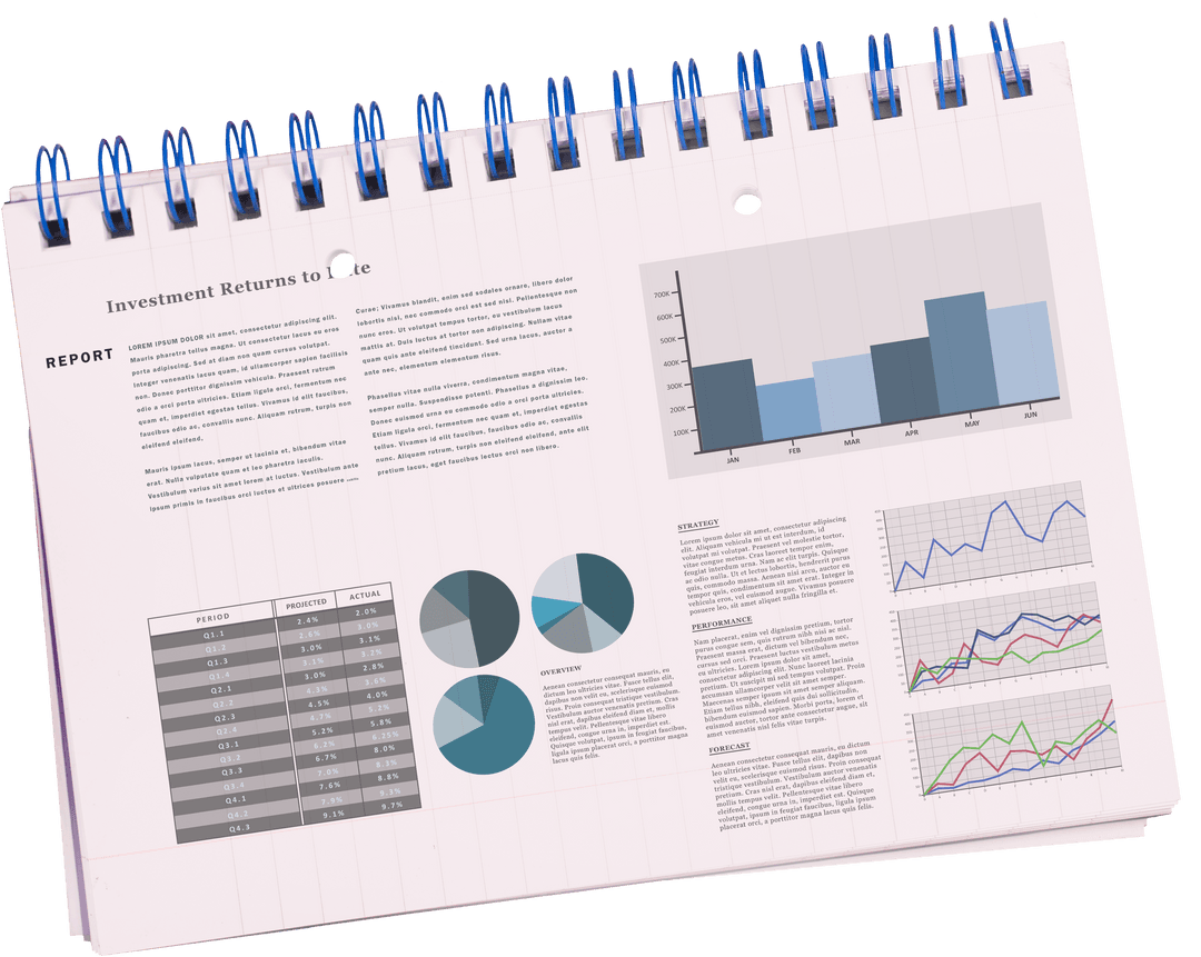 Transparent Notebook with Business Diagrams and Text