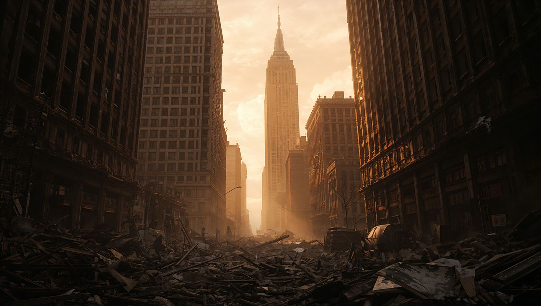 Post-apocalyptic Urban Street View Lined with Debris and Ruins