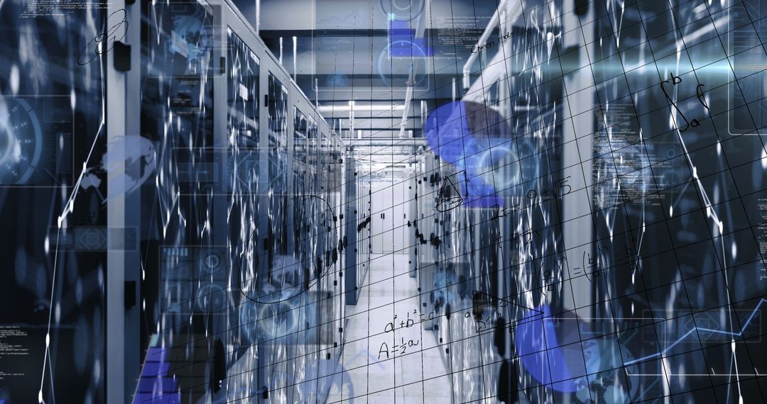 Futuristic Data Center Aisle with Technology Overlays